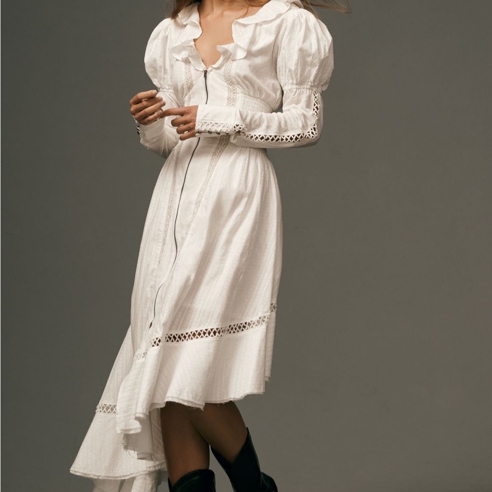 Pilcro Asymmetrical White Dress with Lace Detail